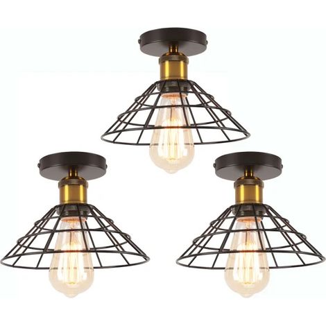 Lot de 3 Plafonnier Industriel E27 Lampe de Plafond Vintage en Métal Lustre Rétro Abat-jour Designe Chapeau pour Salon Entree (1/5)