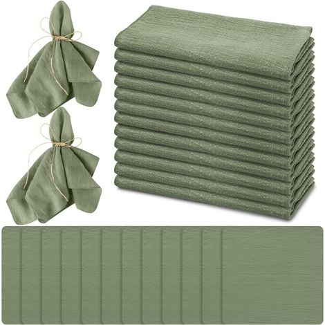 Lot de 12 serviettes en tissu, serviettes en lin, 42 x 42 cm, réutilisables, en coton, avec ficelle de 10 m, pour fête d'anniversaire, vert sauge, verrouillage du bord (1/5)