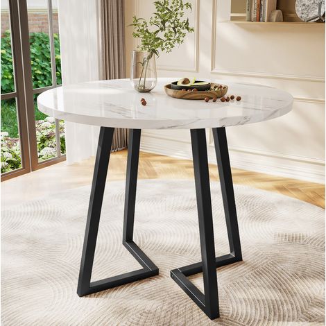 Table à manger ronde 80 cm avec plateau effet marbre, structure en métal, blanc et noir DESVIAE (1/5)