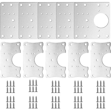 Lot de 10 plaques de fixation pour charnières, en acier inoxydable, avec vis, pour meubles, armoires et placards. (1/4)