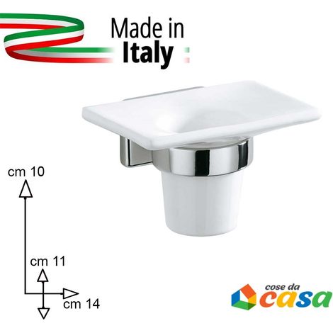 Accessori arredo per bagno bicchiere porta spazzolini da muro metallo e ceramica bianco moderno prodotto in ITALIA (1/4)