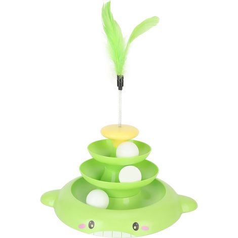 Jouet tour à balles pour chat, piste détachable à 3 niveaux, jouet interactif avec plumes pour l'exercice des chatons, vert