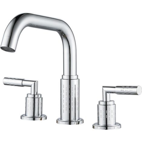 Robinet lavabo 3 trous en laiton gris avec deux poignées pivotantes, mélangeur eau chaude froide, design moderne pour salle de bain (1/5)