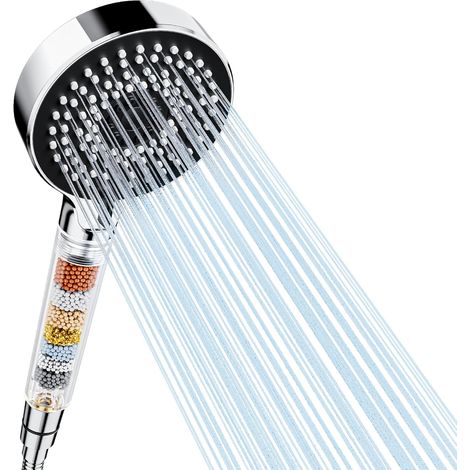 Pommeau de douche anticalcaire multi-jets, 5 modes, pommeau de douche filtrant haute pression, idéal pour l'eau dure, élimine efficacement le chlore résiduel.(Pommeau de douche argenté + flexible de 1 (1/5)