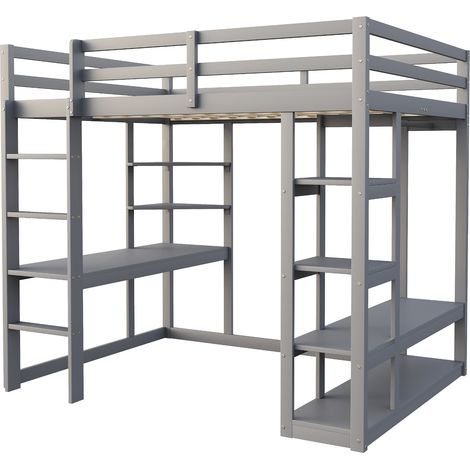 Letto a soppalco in legno grigio 140 x 200 cm con scrivania e scaffali (1/5)