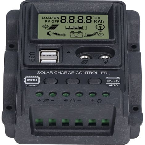 Contrôleur de charge solaire double USB, écran LCD ABS, contrôleur de charge PWM, contrôlé par la lumière, 12V/24V/20A, 260W/520W. (1/5)