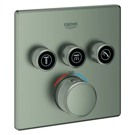 GROHE Termostato Grohtherm SmartControl 29126, con 3 llaves de paso y soporte de ducha integrado, set de instalación exterior para Rapido SmartBox, escudo mural cuadrado, satin steel, 29126MS0