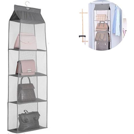 Organisateur de sac à main suspendu et amovible pour placard, support de rangement pour sac à main avec 4 étagères, gain de place. (1/4)