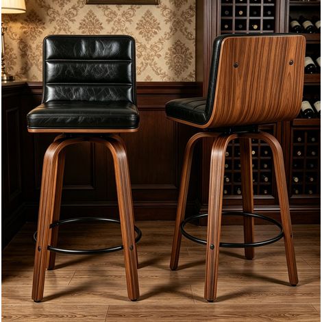 Sgabello da bar nero con seduta girevole, rivestimento in similpelle e gambe in legno (1/5)
