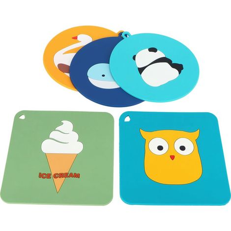Lot de 5 sets de table en silicone avec de jolis animaux de dessin animé, résistants à la chaleur, pour la cuisine. (1/5)