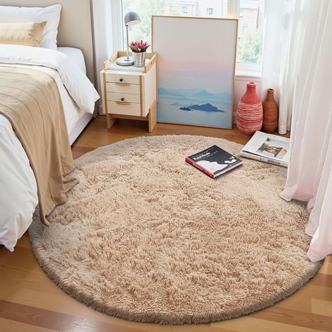 Tapis Moelleux à Poils Longs - Dessous antidérapant - Lavable - pour Le Salon, la Chambre d'enfant, la Chambre à Coucher - 120 cm Rond, Beige (1/4)