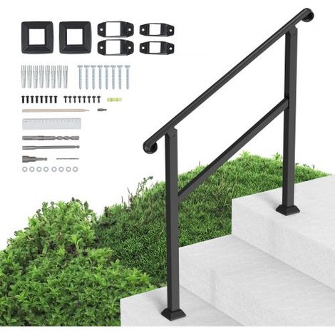 Barandilla de Escalera para 2-3 Escalones Pasamanos de Escalera Exterior con Kit de Instalación 1 Barra Transversal Barandilla Interior para Personas Mayores, Porche, Patio, Hogar, Negro (1/5)