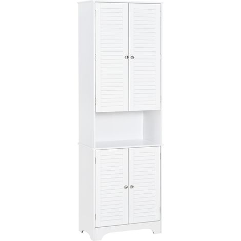Tall Freestanding Bathroom Cabinet with Retro Shutters, 3 Compartments, Elevated Base, Space-Saving White Organizer, 60x30x182.5 cm (1/5)
