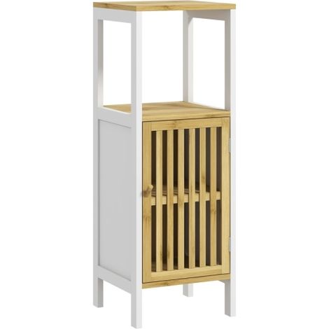 Retro Bamboo-Blend Bathroom Storage Unit with Cupboard - Stylish Cut-Out Design for Organized Space