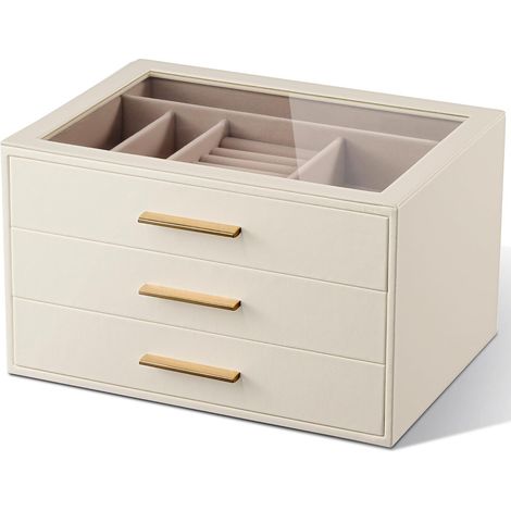 Boîte à bijoux de rangement, 3 couches avec fenêtre en verre, blanc (1/5)