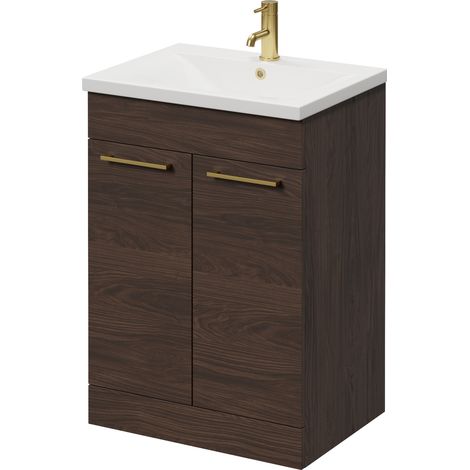 Napoli 460 Brown Oak 600mm 2 Door Vanity Unit with Glide Basin - 600mm - Brushed Brass 160mm Handle