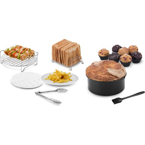 Pack 7 Accessoires Air Fryer, A Partir de 3,5L, Moule à gâteau, Grille, Brochettes, Grille à toast, Moules à Cupcake, Pinceau en silicone, Pinces et Papier Végétal, Sans BPA (1/5)