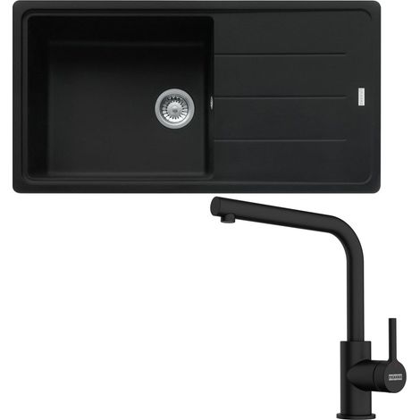 Franke – Évier XL Basis Fragranit 970 x 500 x 200 mm – Pack full black avec mitigeur Lina L noir – Évier réversible avec plage de robinetterie (1/5)