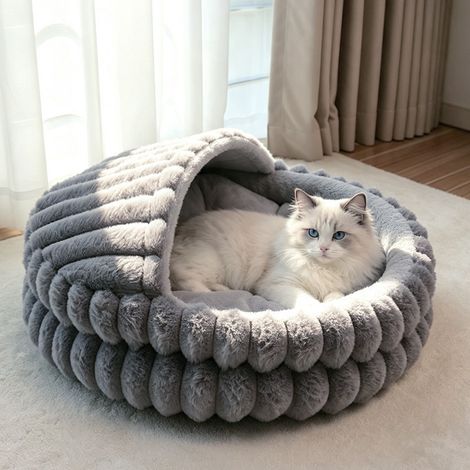 Chat Coquillage Peluche M 60 cm – Grotte / Niche Semi-Fermée Hiver, Maison Capuche Fausse Fourrure Lapin, Coussin 2-en-1 Amovible Fond Étanche Antidérapant pour Chat et Petit Chien