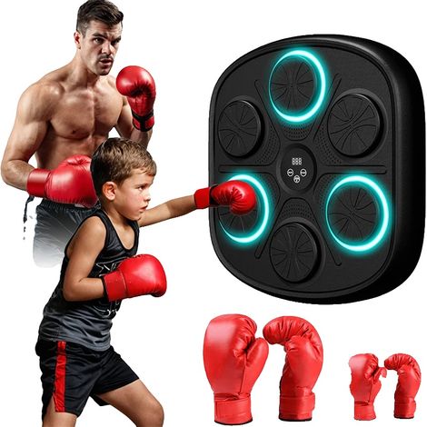 Máquina de boxeo musical inteligente, diana de boxeo montada en la pared con luces RGB sincronizadas, Bluetooth y seguimiento digital, entrenamiento cardiovascular y familiar, 2 pares de guantes. (1/2)
