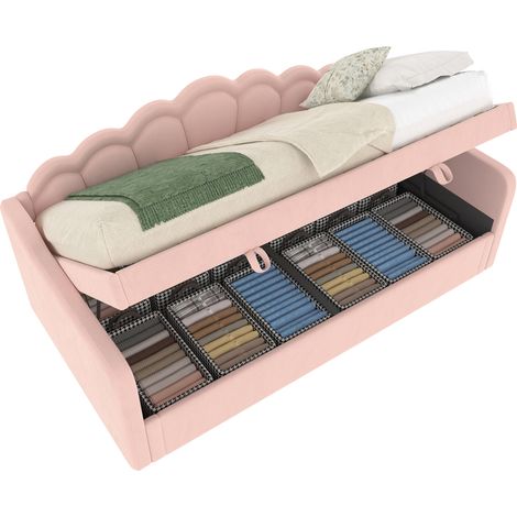 Lit avec rangement hydraulique en velours rose 90x200 cm, LED multicolore, sommier inclus (1/5)