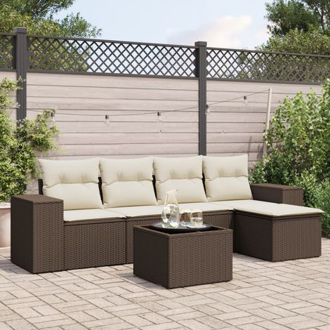 Ensemble de jardin 6 places en résine tressée marron avec table en verre et coussins déhoussables Salon d'extérieur modulaire confortable pour terrasse (1/5)