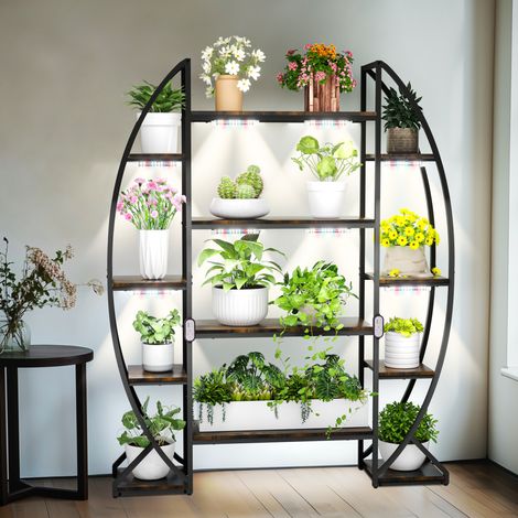 Supporto per Piante con Striscia Luminosa Portafiori Espositore in Legno e Ferro
