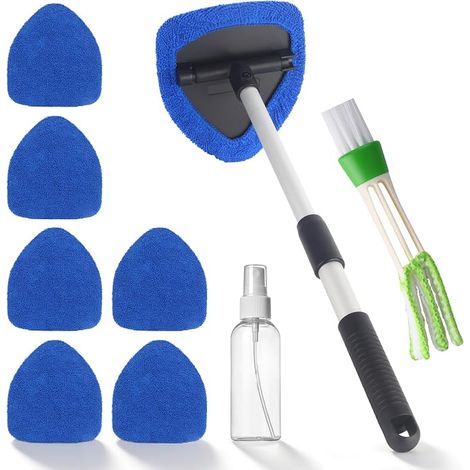 Nettoyage Pare Brise Kit9, 6 Tampons Lavables, 1 Vaporisateurs, Nettoyage de Pare Brise avec Poignée Télescopique avec Poignée Pivotante à 180° (1/5)
