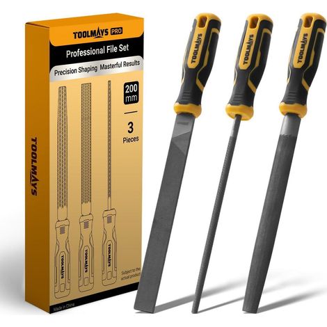 Metallfeilen-Set 3tlg 200mm T12 Stahl Flach Halbrund Rund mit Griff (1/5)