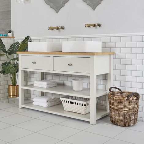 Milano Henley 1215mm Antique White and Oak Bathroom Cloakroom Vanity Unit with Two Countertop Basins - 2x Square Basins