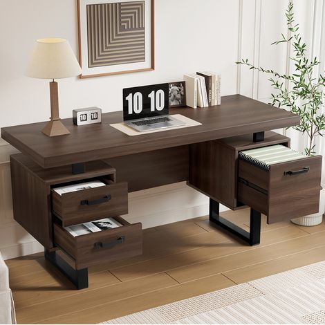 Schreibtisch 135x54x75 cm braun-schwarz aus MDF und Metall mit 2 Schubladen und Ordnerfach (1/5)