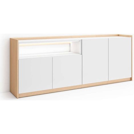 Aparador Alpandeire-01 de 207x80x37 cm con 4 puertas y luces LED, blanco y roble soft (1/4)