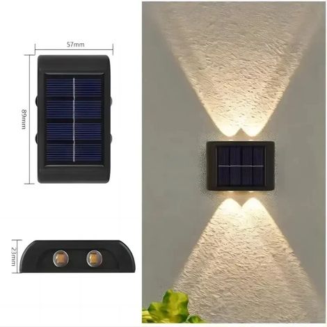 (4 LED - 4 LED blanc chaud) Applique murale solaire étanche à 4 LED (éclairage vers le haut et vers le bas), idéale pour cour, jardin ou abri de voiture. Compatible avec les jardins, cours et abris de (1/5)