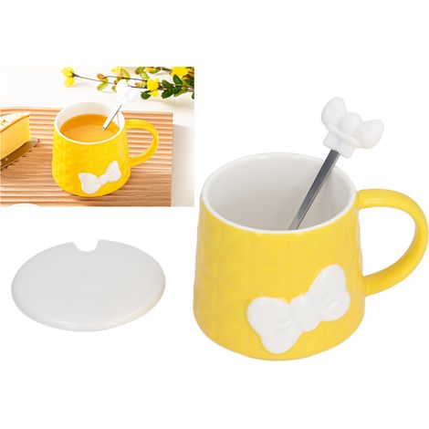 Originelle und niedliche Keramiktasse in Form einer Fliege, ideal für Paare, praktische Geschenkbox, gelb mit Deckel und Löffel. (1/5)