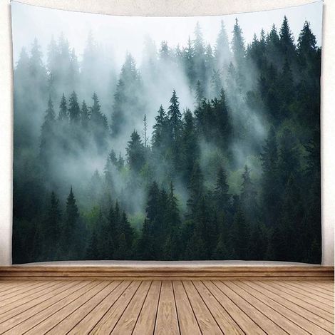 150 x 200 cm Tapisserie de forêt brumeuse, tapisseries murales à suspendre avec arbre brumeux, tapisserie extra large, art mural en bois de pin naturel pour chambre à coucher, salon, (1/5)