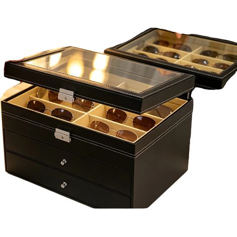 Vitrine à lunettes, 3 niveaux, 24 compartiments, Dimensions : 34 x 25 x 19 cm, Matériau en cuir PU et verre, Convient pour les bijoux et les montres (1/5)