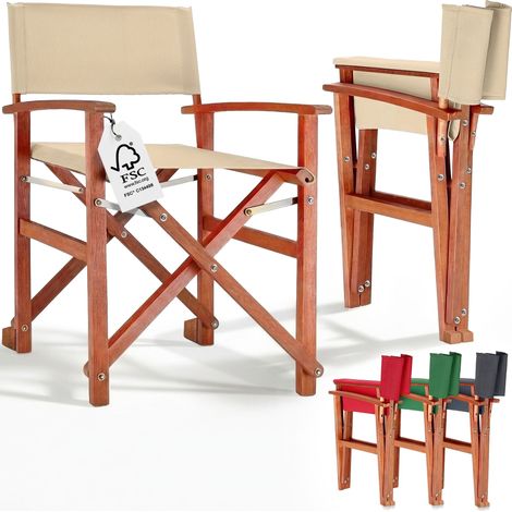 Wooden Folding Directors Chair Folding Garden Chair with Arms Eucalyptus Wood Frame Fabric Seat Foldable Outdoor Chair Patio Balcony Camping Decking Garden Furniture 160kg Capacity Cream, 1 (de)