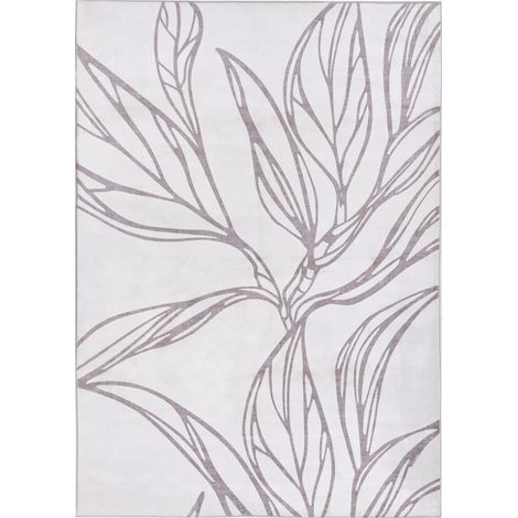 Alfombra minimalista 140 x 200 cm de tela motivo hojas sala de estar dormitorio apto para calefacción por suelo radiante base antideslizante pelo corto beige claro Erzurum