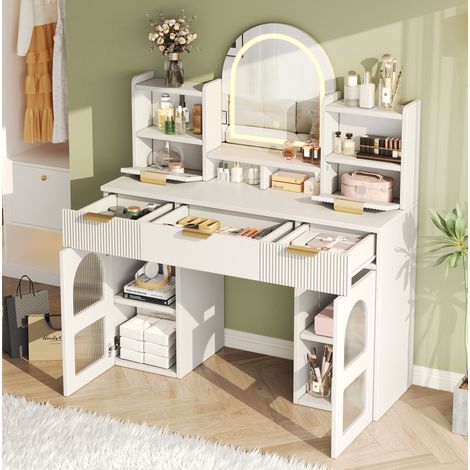 Tocador con iluminación LED, 3 cajones, 2 puertas de cristal, 120 x 40 x 139,5 cm, blanco OKMYHOME (1/5)