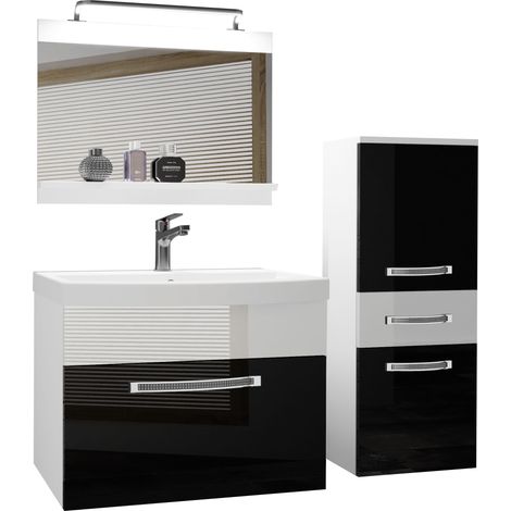 Belini Badezimmer Badmöbel Set Vollaustattung mit Waschbecken Unterschrank Waschtisch Spiegel Lampe Schwarz/Weiß, Glänzend (1/5)
