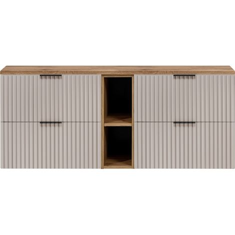Furnidea - Meuble sous vasque FLOW CACHEMIRE 140 cm avec l'étagère - extension et plan chêne - 4 tiroirs - façades rainurées (1/5)
