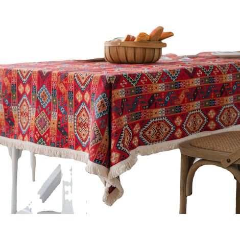 Nappe rouge ethnique 140×180 cm, motifs géométriques et franges (1/5)