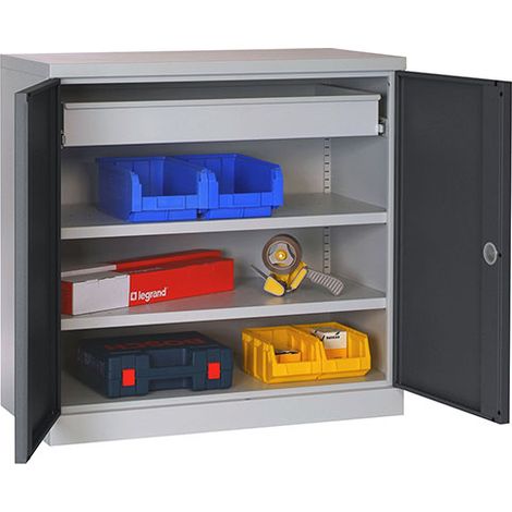 Armadio da officina di piccole dimensioni - 1 cassetto e 2 ripiani - Porte RAL 5015 - W030090031-GCBI