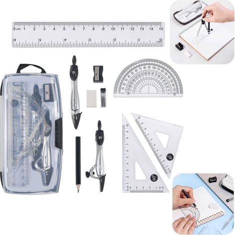 Coffret d'outils mathématiques 10 pièces Compas géométrique Avec boîte de rangement transparente Comprend un compas, un rapporteur, une règle, un crayon, une gomme et un taille (1/5)