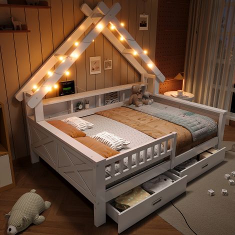 Lit enfant bois forme maison 140 x 200 cm avec éclairage led, tiroirs et étagères de rangement, barrière de sécurité, design ludique, blanc (1/5)