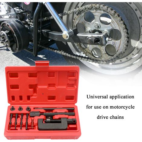 [JAMAIS UTILISÉ]Outil de rivetage universel pour moto et vélo, comprenant un dérive-chaîne, un séparateur de maillons et une riveteuse. Accessoires pour vélo avec étui de transport. (1/3)