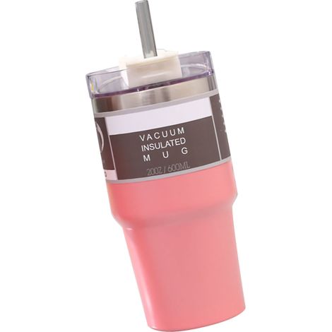 Gobelet isotherme grande capacité en acier inoxydable avec paille, 600 ml, idéal pour les boissons chaudes ou froides. Intérieur rose. (1/5)