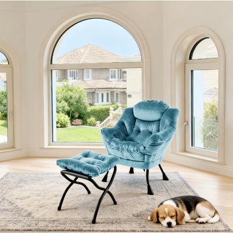 Relaxsessel mit Hocker blau aus Stoff und Metall mit Seitentasche und Fußstütze (1/5)