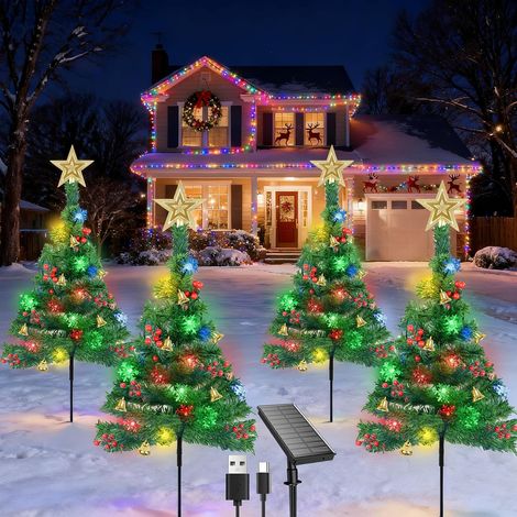 Sapin de Noël Lampe Solaire Extérieure 4 en 1, Arbre Avec 80LED Guirlande Lumineuse Flocon de Neige Chargement USB, 8 Modes Lumière LED Étanche Décoration Pour Jardin, Chemin, Cour (1/5)