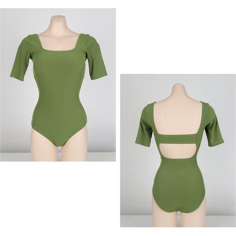 Maillot de bain une pièce pour femme, manches courtes, dos nu et effet push-up, idéal pour la natation, les sources thermales et la plage, vert, taille XL. (1/5)